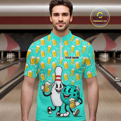 Funny Turquoise Beer Pattern Bowling Polo & 1/4 Quarter Zip Shirt Custom Bowling League Team Shirts NBT954