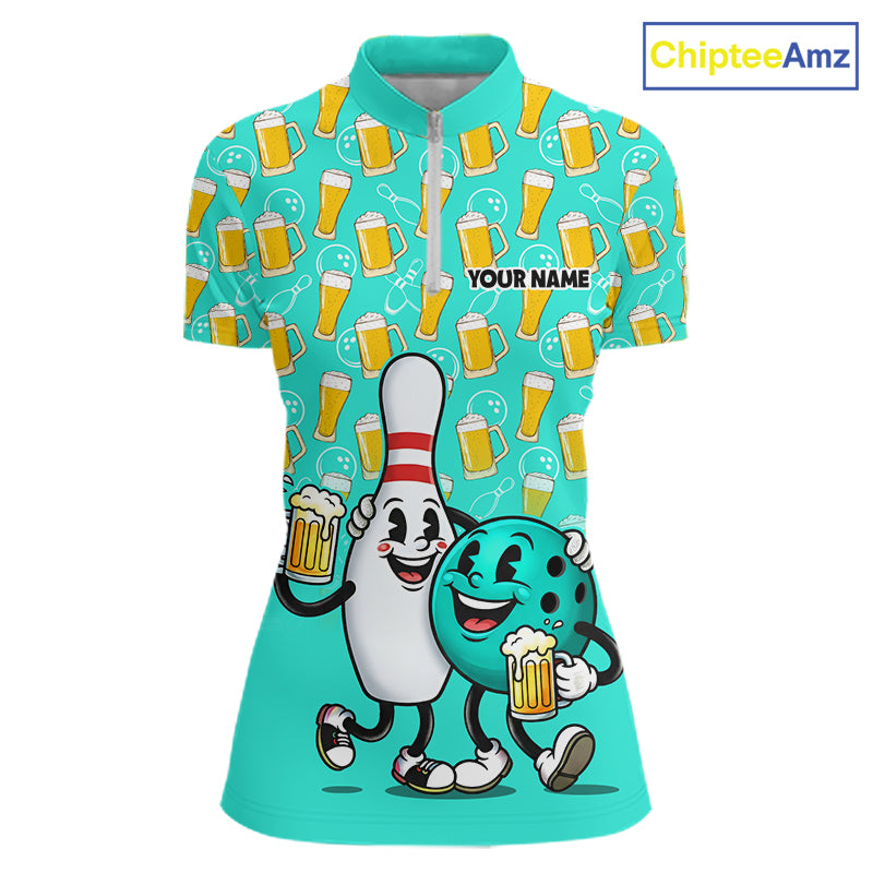 Funny Turquoise Beer Women Pattern Bowling Polo & 1/4 Quarter Zip Shirt Custom Bowling League Team Shirts NBT954