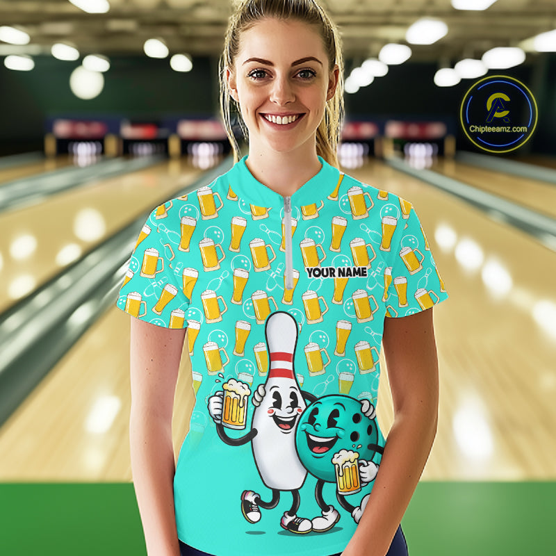 Funny Turquoise Beer Women Pattern Bowling Polo & 1/4 Quarter Zip Shirt Custom Bowling League Team Shirts NBT954