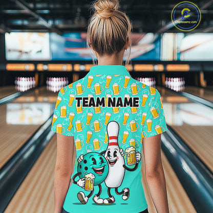 Funny Turquoise Beer Women Pattern Bowling Polo & 1/4 Quarter Zip Shirt Custom Bowling League Team Shirts NBT954