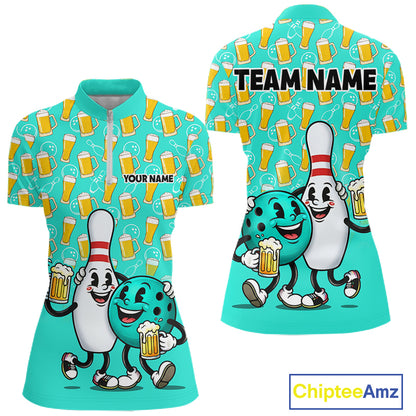 Funny Turquoise Beer Women Pattern Bowling Polo & 1/4 Quarter Zip Shirt Custom Bowling League Team Shirts NBT954