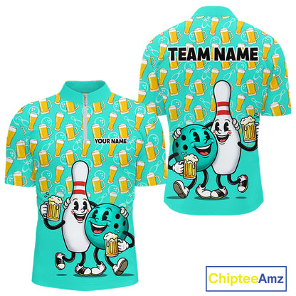 Funny Turquoise Beer Pattern Bowling Polo & 1/4 Quarter Zip Shirt Custom Bowling League Team Shirts NBT954