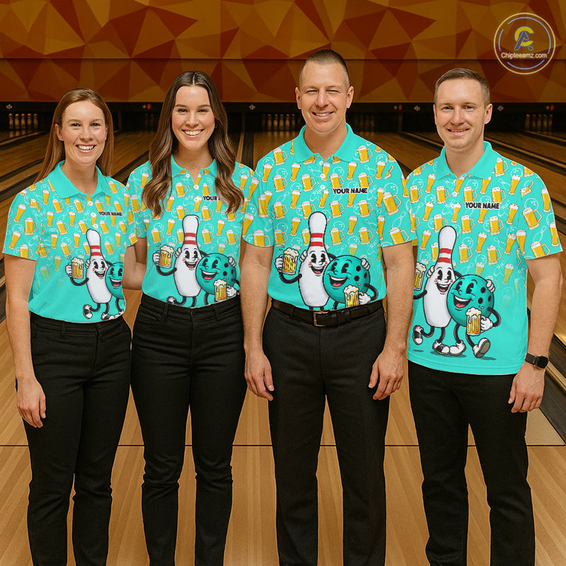 Funny Turquoise Beer Women Pattern Bowling Polo & 1/4 Quarter Zip Shirt Custom Bowling League Team Shirts NBT954