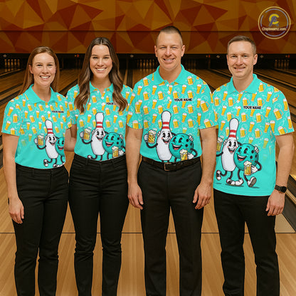 Funny Turquoise Beer Women Pattern Bowling Polo & 1/4 Quarter Zip Shirt Custom Bowling League Team Shirts NBT954