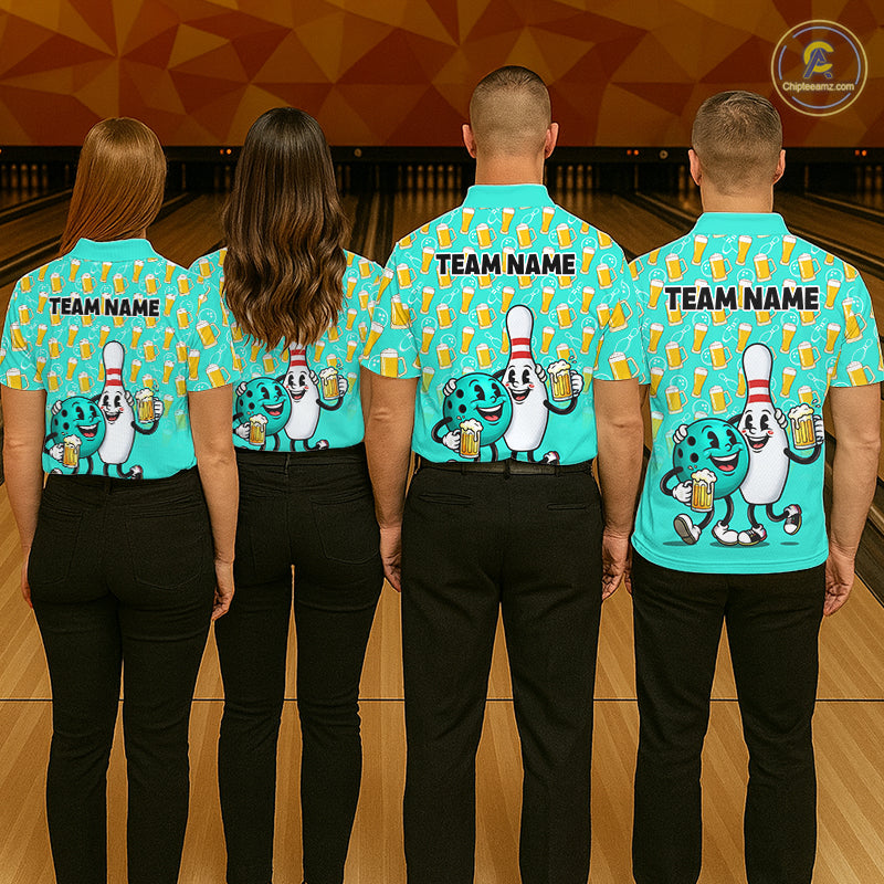 Funny Turquoise Beer Pattern Bowling Polo & 1/4 Quarter Zip Shirt Custom Bowling League Team Shirts NBT954