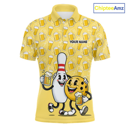 Funny Yellow Beer Pattern Bowling Polo & 1/4 Quarter Zip Shirt Custom Bowling League Team Shirts NBT955