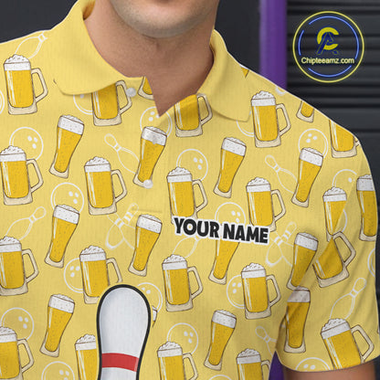 Funny Yellow Beer Pattern Bowling Polo & 1/4 Quarter Zip Shirt Custom Bowling League Team Shirts NBT955