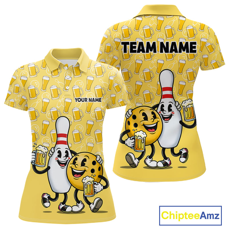 Funny Yellow Beer Pattern Women Bowling Polo & 1/4 Quarter Zip Shirt Custom Bowling League Team Shirts NBT955