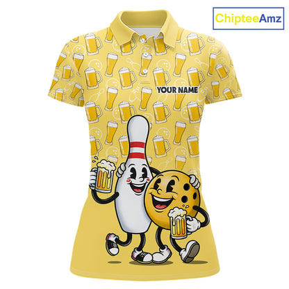 Funny Yellow Beer Pattern Women Bowling Polo & 1/4 Quarter Zip Shirt Custom Bowling League Team Shirts NBT955