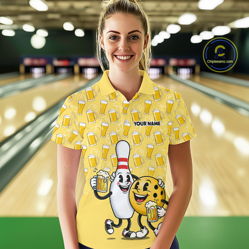 Funny Yellow Beer Pattern Women Bowling Polo & 1/4 Quarter Zip Shirt Custom Bowling League Team Shirts NBT955
