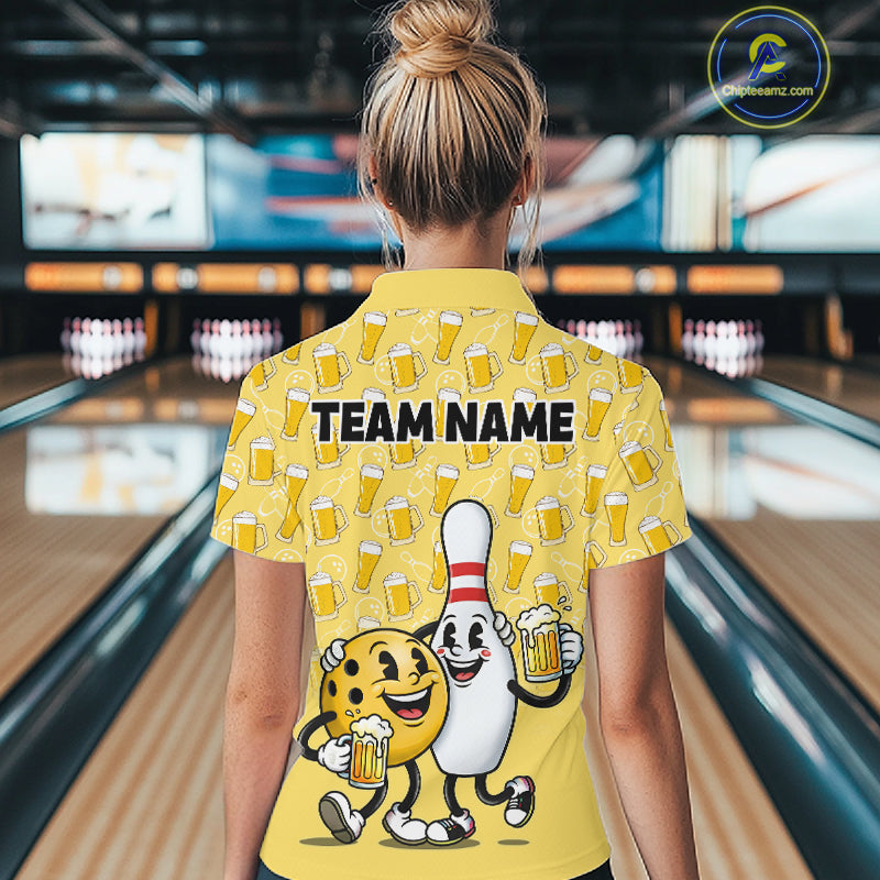 Funny Yellow Beer Pattern Women Bowling Polo & 1/4 Quarter Zip Shirt Custom Bowling League Team Shirts NBT955