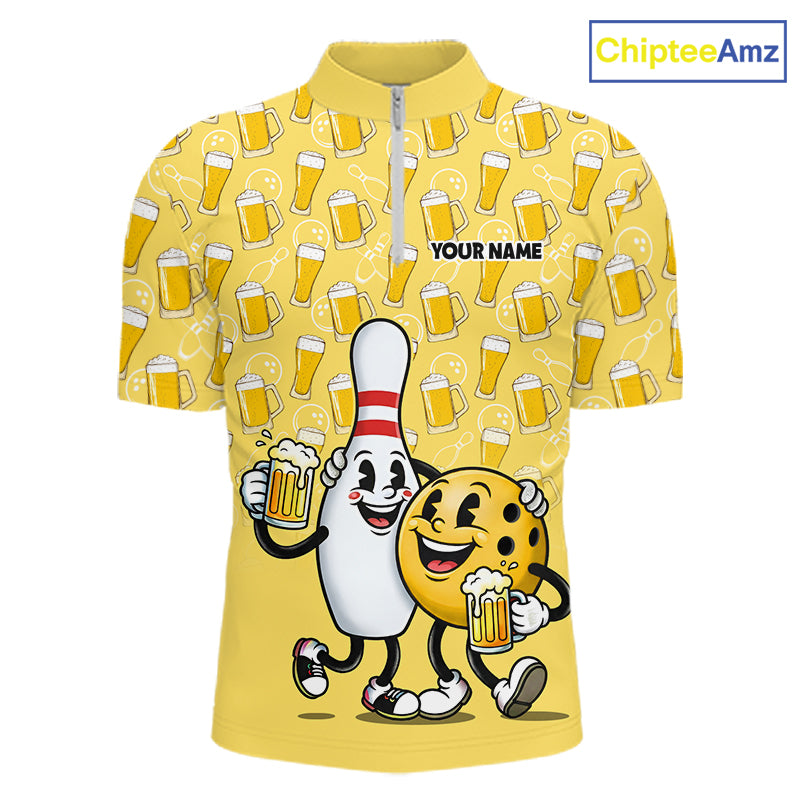 Funny Yellow Beer Pattern Bowling Polo & 1/4 Quarter Zip Shirt Custom Bowling League Team Shirts NBT955