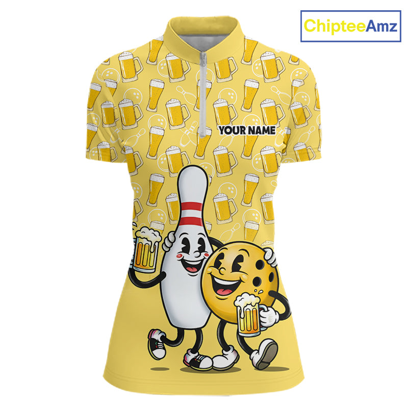 Funny Yellow Beer Pattern Women Bowling Polo & 1/4 Quarter Zip Shirt Custom Bowling League Team Shirts NBT955