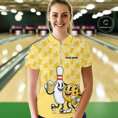 Funny Yellow Beer Pattern Women Bowling Polo & 1/4 Quarter Zip Shirt Custom Bowling League Team Shirts NBT955