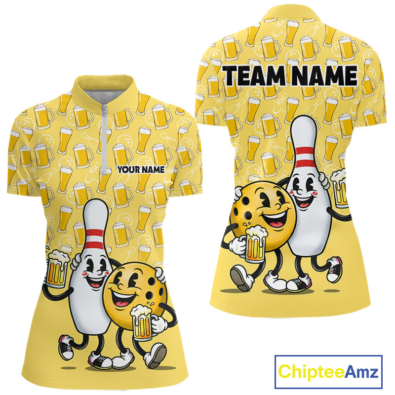 Funny Yellow Beer Pattern Women Bowling Polo & 1/4 Quarter Zip Shirt Custom Bowling League Team Shirts NBT955