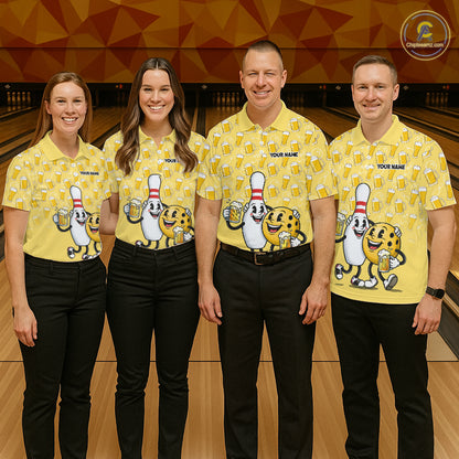 Funny Yellow Beer Pattern Bowling Polo & 1/4 Quarter Zip Shirt Custom Bowling League Team Shirts NBT955