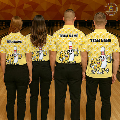 Funny Yellow Beer Pattern Women Bowling Polo & 1/4 Quarter Zip Shirt Custom Bowling League Team Shirts NBT955