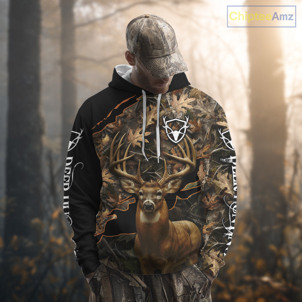Whitetail Deer Hunting Hoodie, Longsleeves Shirt – Brown Camo Custom Name for Big Game Hunters NBT270