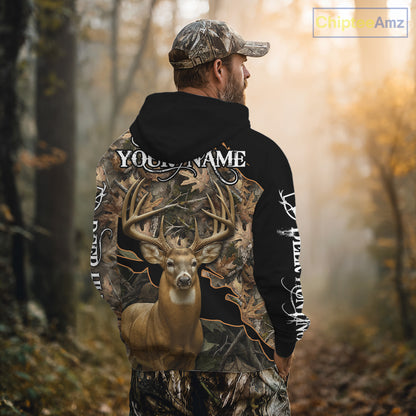 Whitetail Deer Hunting Hoodie, Longsleeves Shirt – Brown Camo Custom Name for Big Game Hunters NBT270