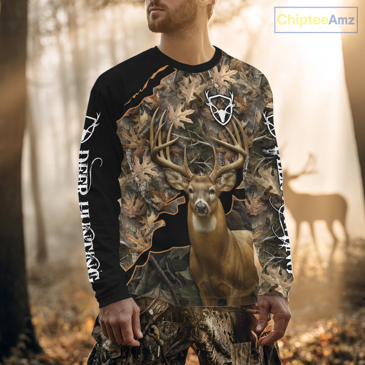 Whitetail Deer Hunting Hoodie, Longsleeves Shirt – Brown Camo Custom Name for Big Game Hunters NBT270