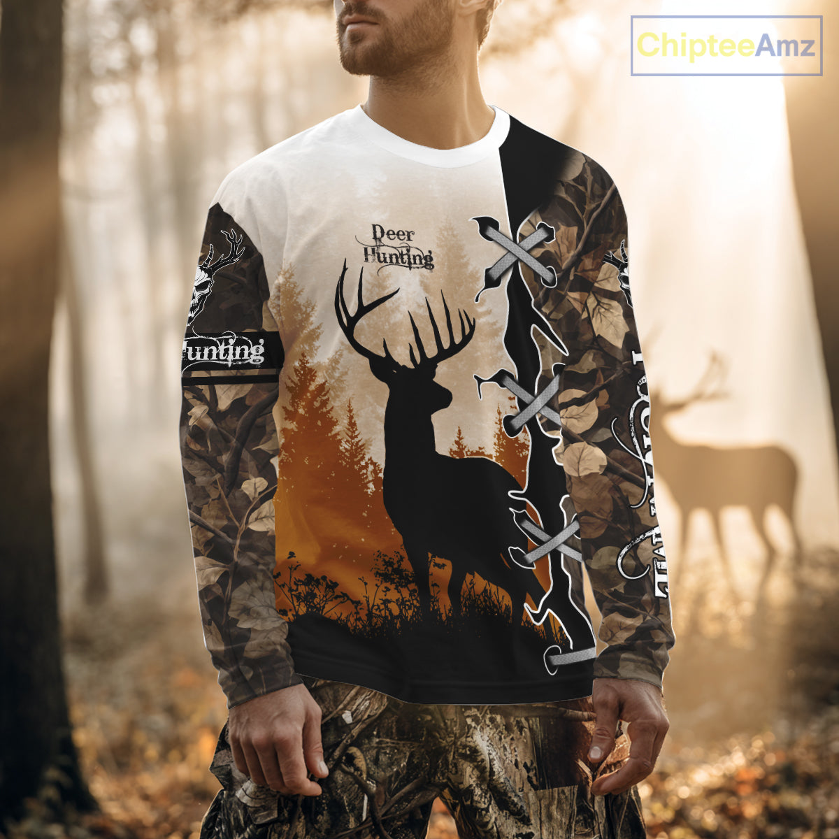 Whitetail Buck Hunting Hoodie, Longsleeve Shirt, Autumn Brown Camo, Perfect Hunter Gifts NBT15