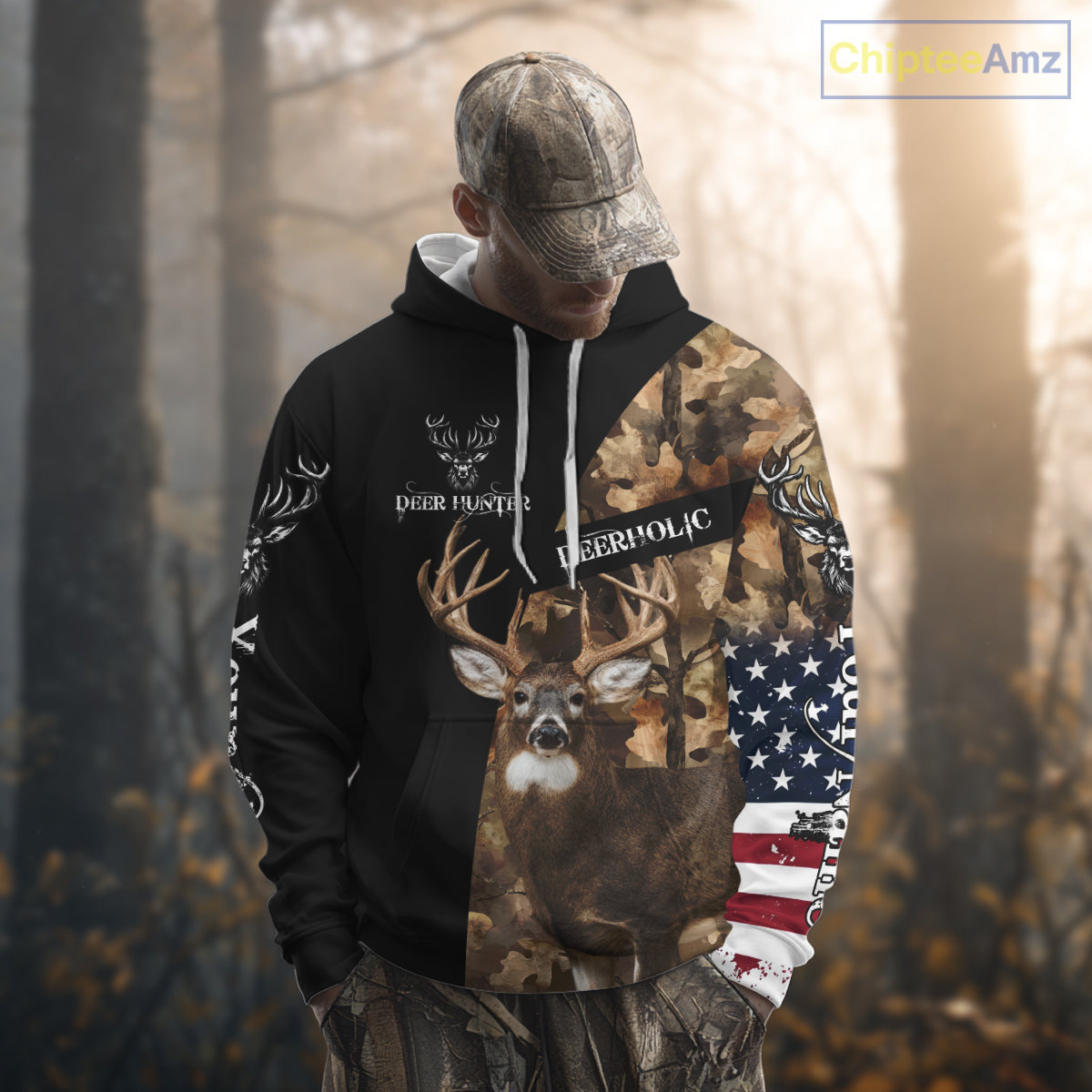 Whitetail Deer Hunting Shirt Camo With US Flag And Buck Head  – Best Hunter Gift NBT22