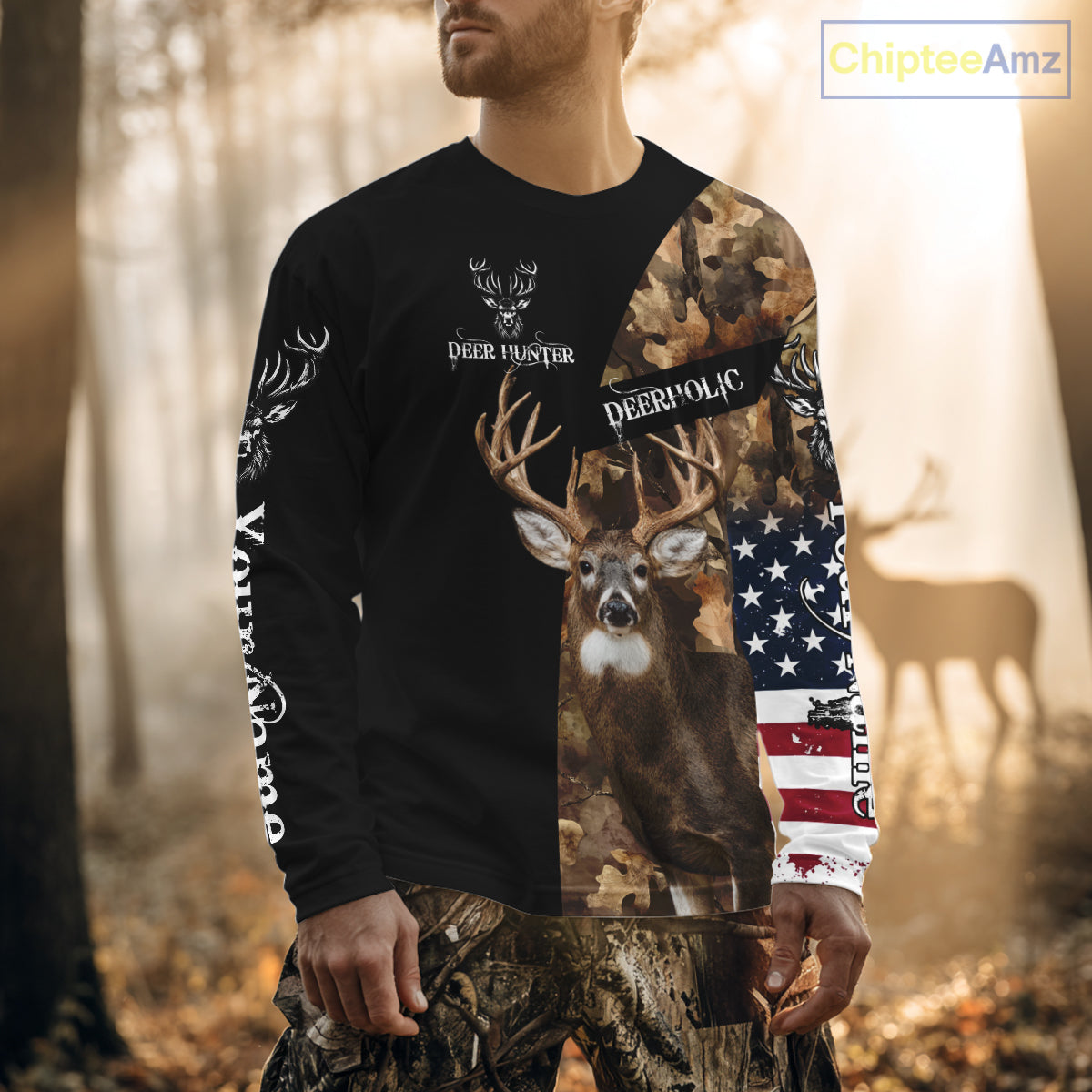 Whitetail Deer Hunting Shirt Camo With US Flag And Buck Head  – Best Hunter Gift NBT22