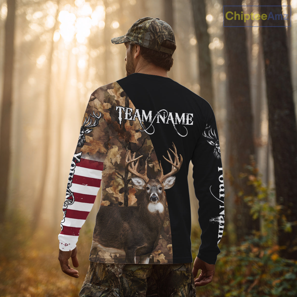Whitetail Deer Hunting Shirt Camo With US Flag And Buck Head  – Best Hunter Gift NBT22