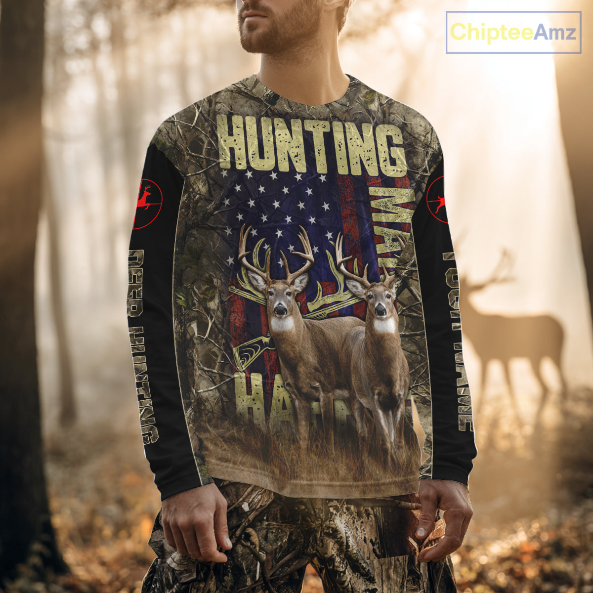 Beautiful Patriotic Camo Deer Hunting Shirt with US Flag, Hunting Outfit, Gifts for Hunters NBT58