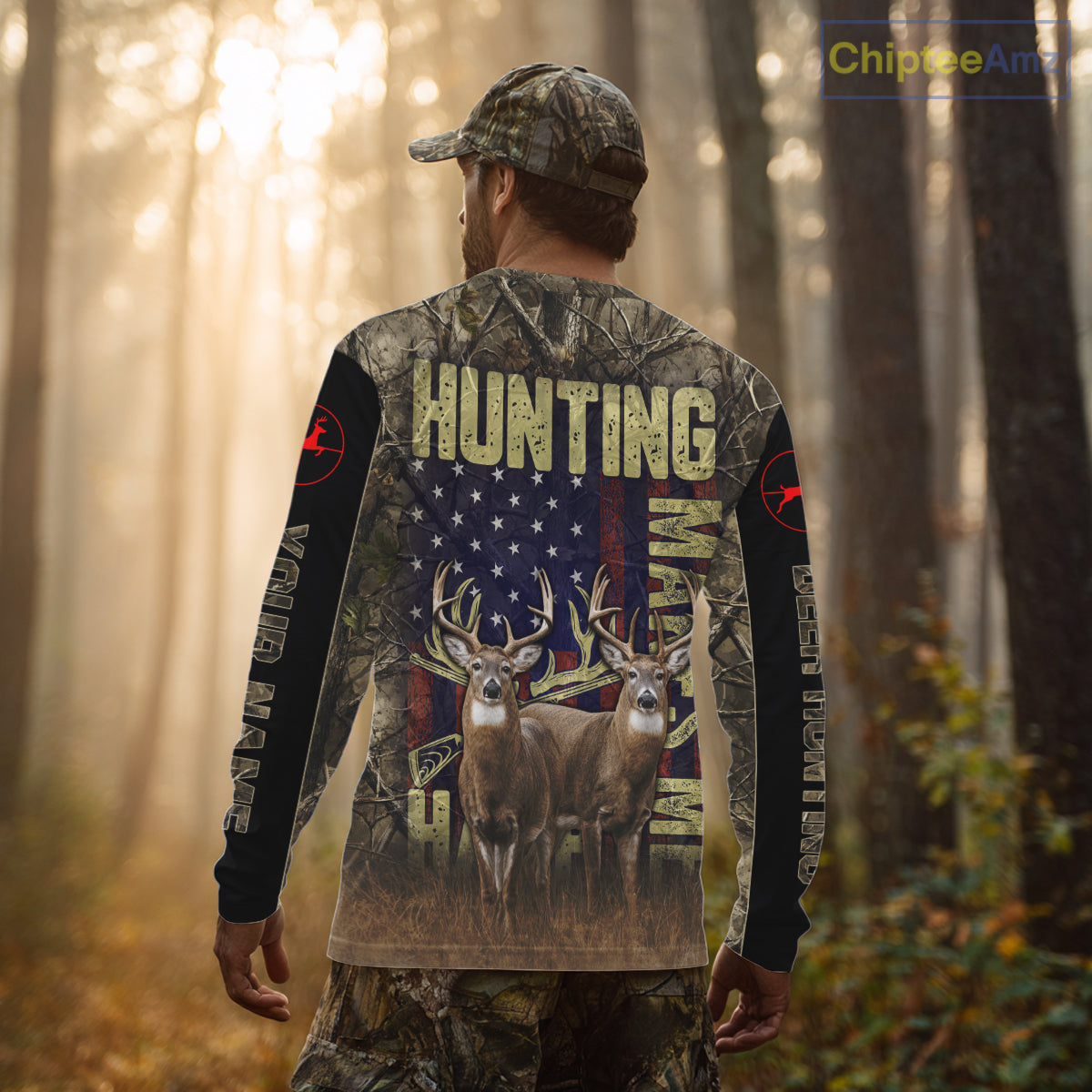Beautiful Patriotic Camo Deer Hunting Shirt with US Flag, Hunting Outfit, Gifts for Hunters NBT58
