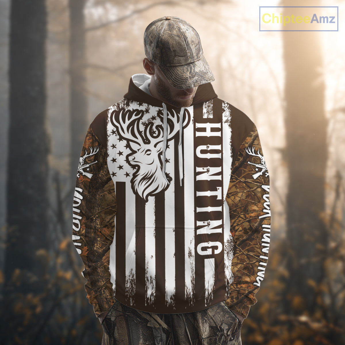 Personalized Brown Camo Deer Hunting Shirt with US Flag & Deer Buck, Hunter Gifts NBT59