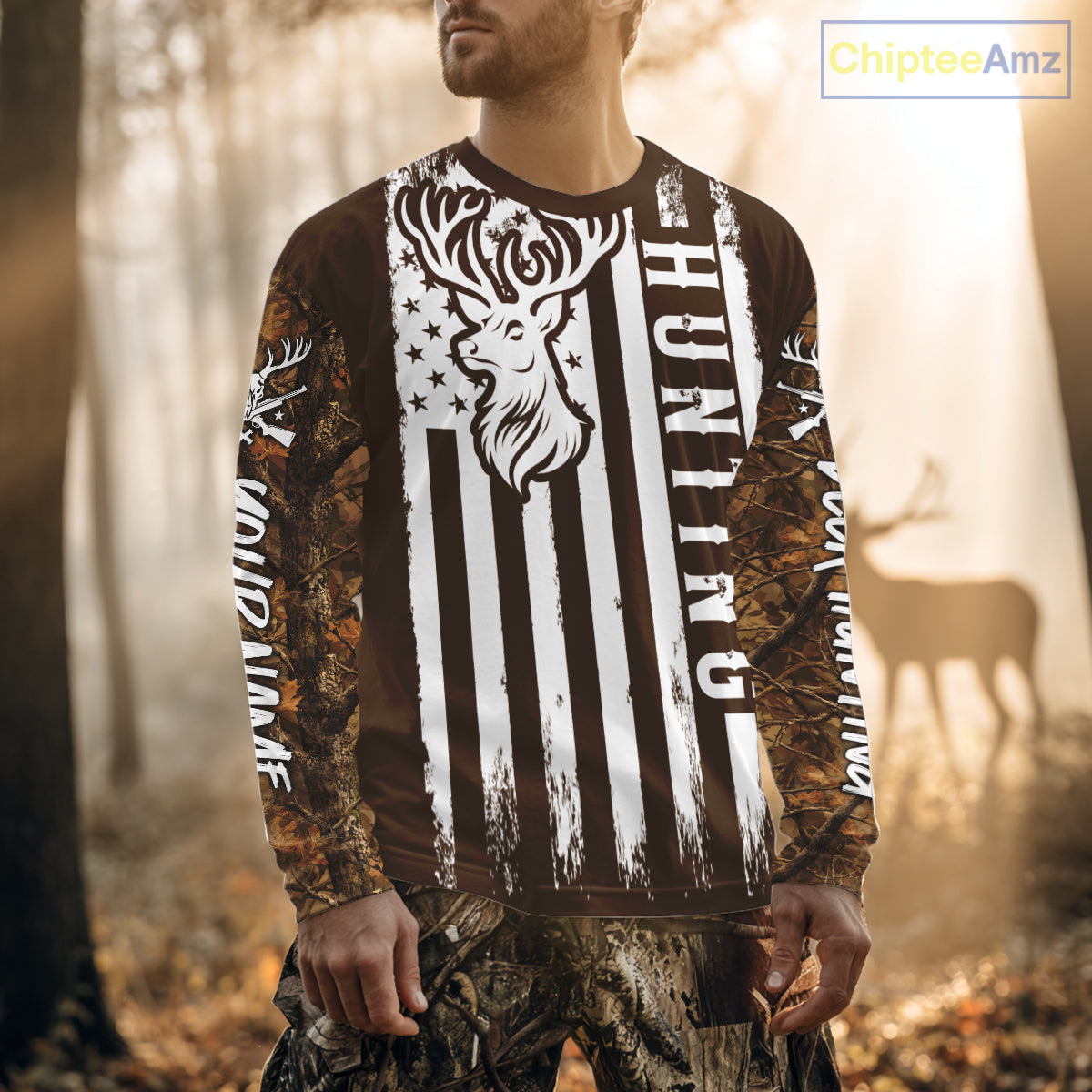 Personalized Brown Camo Deer Hunting Shirt with US Flag & Deer Buck, Hunter Gifts NBT59