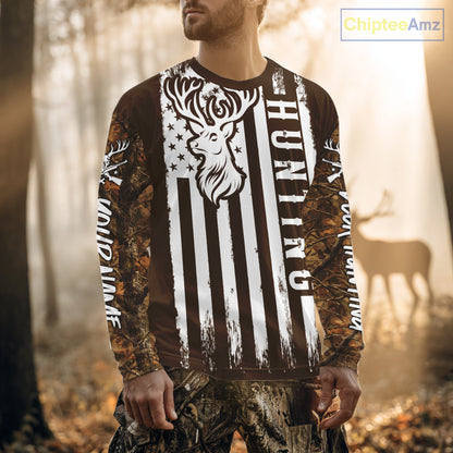 Personalized Brown Camo Deer Hunting Shirt with US Flag & Deer Buck, Hunter Gifts NBT59