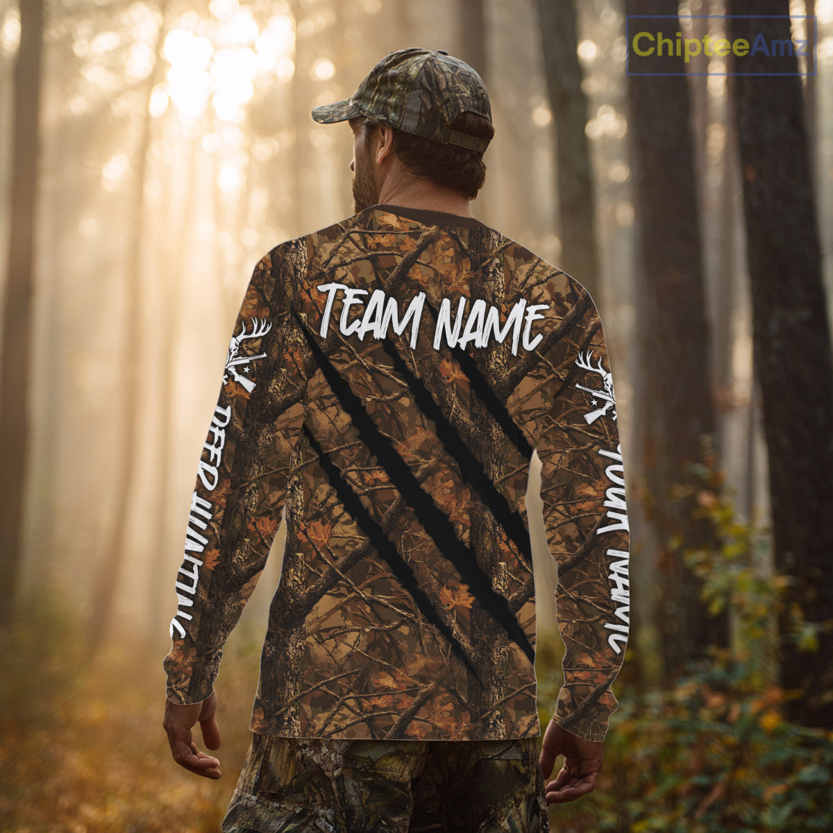 Personalized Brown Camo Deer Hunting Shirt with US Flag & Deer Buck, Hunter Gifts NBT59