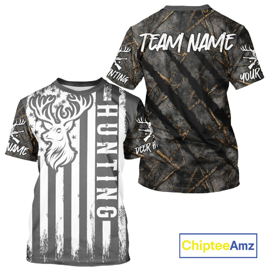 Personalized Dark Camo Deer Hunting Shirt with US Flag & Deer Buck, Hunter Gifts NBT60