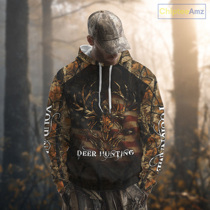 Best Deer Hunting Orange Camo with US Flag and Grim Reaper Deer Buck Shirts Hunting Gifts NBT70