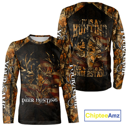 Best Deer Hunting Orange Camo with US Flag and Grim Reaper Deer Buck Shirts Hunting Gifts NBT70