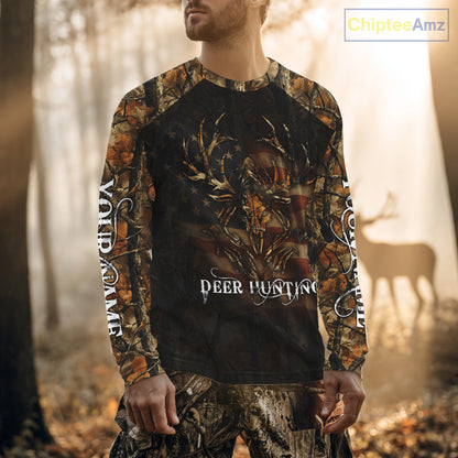 Best Deer Hunting Orange Camo with US Flag and Grim Reaper Deer Buck Shirts Hunting Gifts NBT70