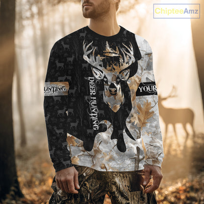 Snowfall Deer Hunting Hoodie, Longsleeves Shirt – Winter Camo Custom Name for Big Game Hunters NBT33