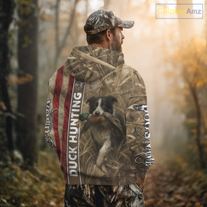 Border Collies Duck Hunting Waterfowl Camo US Flag Shirts, Custom Name Shirts, Hunting Gifts NBT96