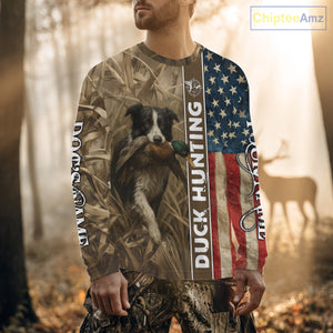 Border Collies Duck Hunting Waterfowl Camo US Flag Shirts, Custom Name Shirts, Hunting Gifts NBT96