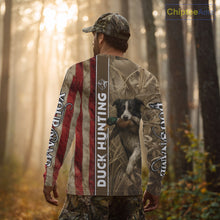 Load image into Gallery viewer, Border Collies Duck Hunting Waterfowl Camo US Flag Shirts, Custom Name Shirts, Hunting Gifts NBT96