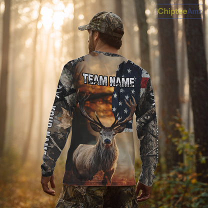 American Flag Camouflage Red Deer Hunting Shirts – Custom Name Hunting Clothes for Men NBT39
