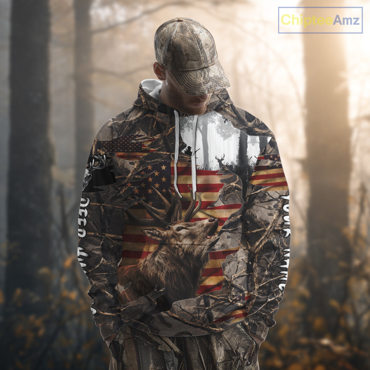 Best Elk Hunting Camo Shirt with Big Buck and US Flag – Hunting Apparel for Men, Hunter Gifts NBT51