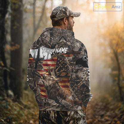 Best Elk Hunting Camo Shirt with Big Buck and US Flag – Hunting Apparel for Men, Hunter Gifts NBT51