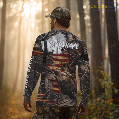 Best Elk Hunting Camo Shirt with Big Buck and US Flag – Hunting Apparel for Men, Hunter Gifts NBT51