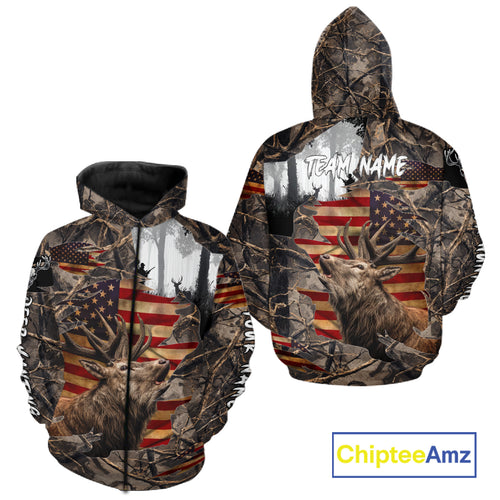 Best Elk Hunting Camo Shirt with Big Buck and US Flag – Hunting Apparel for Men, Hunter Gifts NBT51
