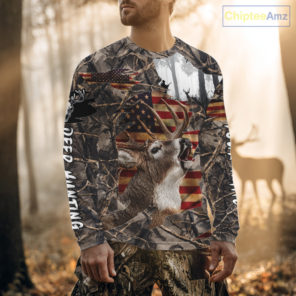 Best Deer Hunting Camo Shirt with Big Buck and US Flag – Hunting Apparel for Men, Hunter Gifts NBT61