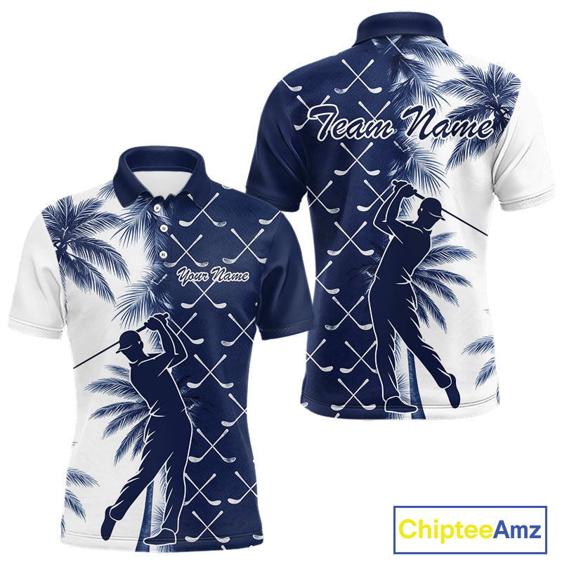 Blue Tropical Palm Trees Golf Club Pattern Mens Golf Polo Shirts Custom Team Golf Shirt NBT567