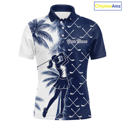 Blue Tropical Palm Trees Golf Club Pattern Mens Golf Polo Shirts Custom Team Golf Shirt NBT567